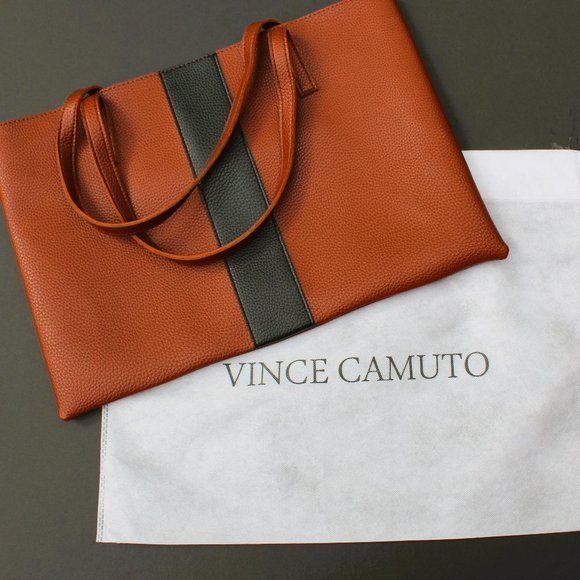 Vince Camuto Handbags - Vince Camuto pebbled tote brown/black vegan leather logo NWOT